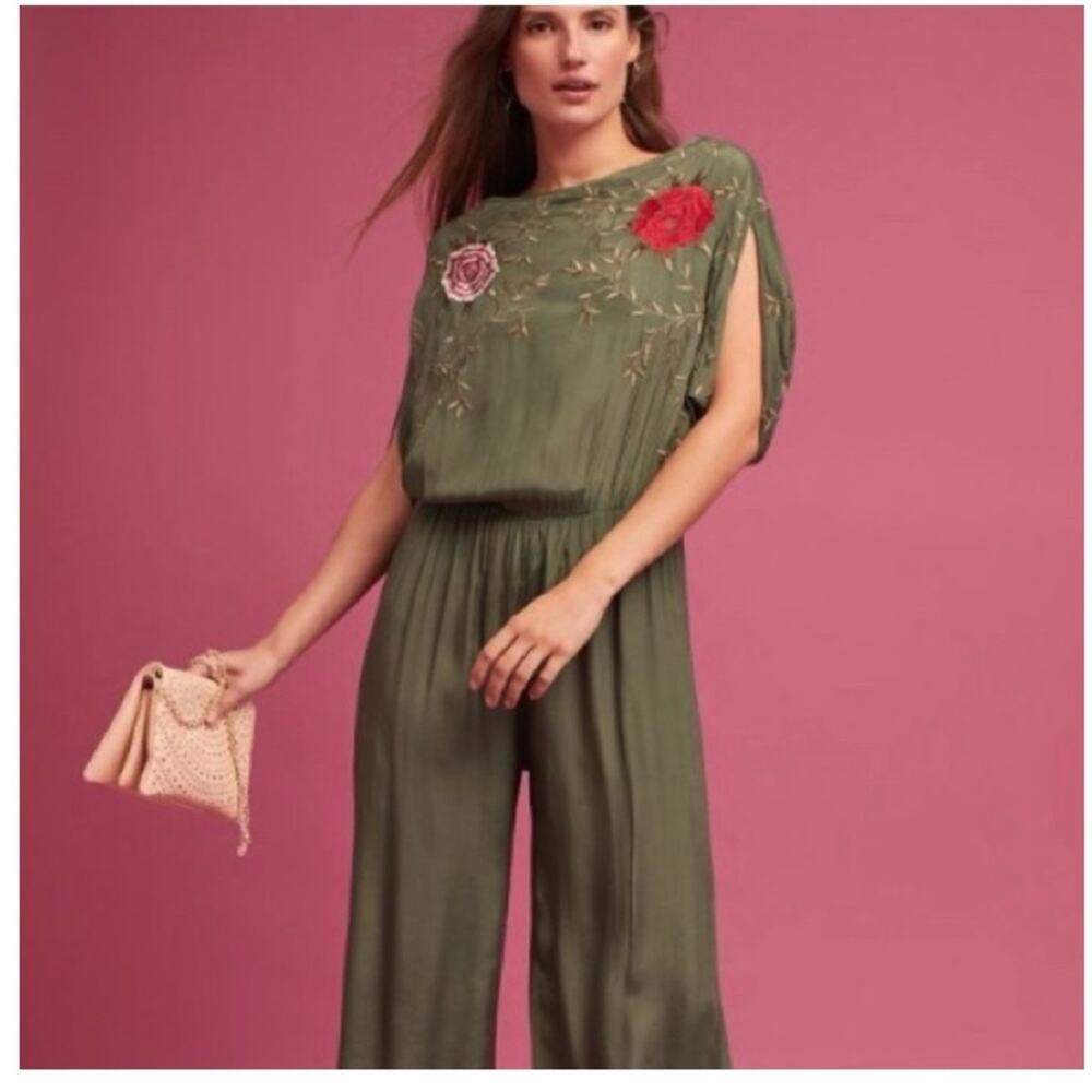 Anthropologie Seen Worn & Kept Floral Embroidered Satin Jumpsuit S‎ Green